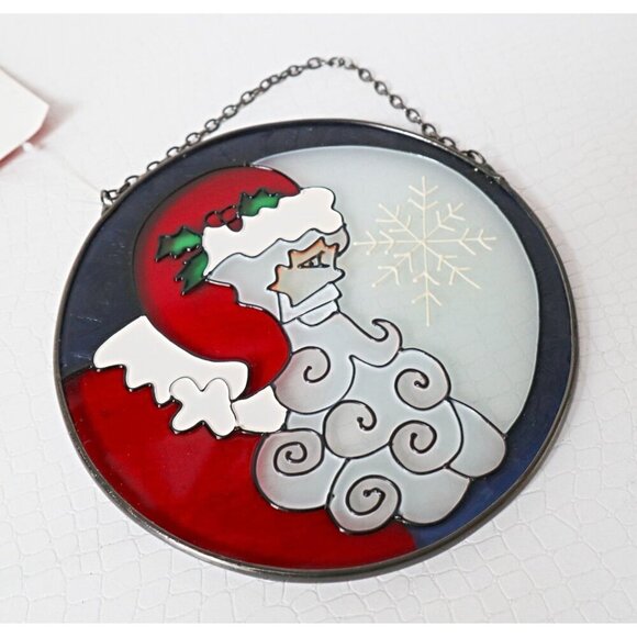 3 Vintage Christmas Suncatchers Reverse Painting on Glass Santa Poinsettias Blue - Picture 3 of 5